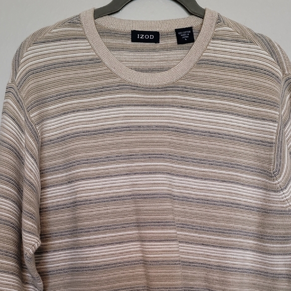Y2K IZOD Men Chunky Knit Sweater Size L Crewneck Old Money Academia Grandpa Tan - Picture 2 of 13